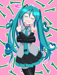 Rule 34 | 1girl, aqua hair, crossed arms, detached sleeves, drooling, closed eyes, hatsune miku, heart, highres, long hair, necktie, oonishi shunsuke, open mouth, skirt, solo, spring onion, thighhighs, twintails, very long hair, vocaloid