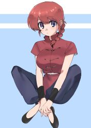 Rule 34 | 1girl, artist request, blue background, blue eyes, braid, chinese clothes, crossed legs, highres, open mouth, pants, ranma-chan, ranma 1/2, red hair, simple background, single braid, sitting, tangzhuang, wristband