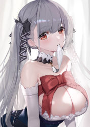 Rule 34 | 1girl, azur lane, blunt bangs, blush, breasts, cleavage, elbow gloves, formidable (azur lane), gloves, grey hair, hair ribbon, highres, large breasts, long hair, looking at viewer, mouth hold, red eyes, red ribbon, ribbon, solaris (sinhyg), solo, twintails, two-tone dress, two-tone ribbon, white gloves