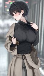 Rule 34 | 1girl, absurdres, black eyes, black hair, black sweater, breasts, breath, brown coat, coat, gwan-e, highres, large breasts, louis vuitton (brand), original, outdoors, rain, revision, short hair, solo, steam, sweat, sweater, trench coat, turtleneck, turtleneck sweater, watch, wet, wet clothes, women&#039;s wallet, wristwatch