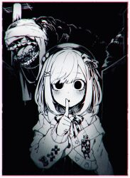 Rule 34 | 1girl, beret, cardigan, finger to mouth, hat, hatyuuruinohito, highres, horror (theme), long neck, looking at viewer, monochrome, monster, nijisanji, peril, power lines, scared, shushing, solid circle pupils, suzuhara lulu, suzuhara lulu (1st costume), virtual youtuber, wide-eyed