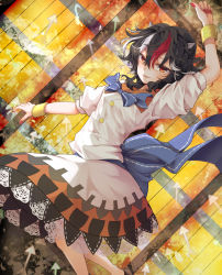 Rule 34 | 1girl, arm over head, arrow (symbol), backlighting, bad id, bad pixiv id, black hair, bow, bracelet, cone horns, dress, fingernails, floor, furapechi, grey horns, hand up, horns, jewelry, kijin seija, lace, lace-trimmed dress, lace trim, legs, light, multicolored hair, nail polish, orange eyes, parted lips, red hair, red nails, shoes, short sleeves, slit pupils, smile, solo, streaked hair, teeth, thumbs up, touhou, white dress, white hair, wooden floor