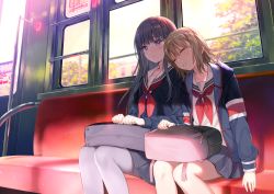Rule 34 | 2girls, bag, black hair, blue eyes, blue jacket, blue skirt, blurry, blurry background, blush, brown hair, closed eyes, commentary request, depth of field, fukahire (ruinon), grey legwear, hair between eyes, jacket, leaning on person, long hair, long sleeves, multiple girls, neckerchief, open clothes, open jacket, original, pantyhose, parted lips, pleated skirt, red neckerchief, sailor collar, school bag, school uniform, serafuku, shirt, side-by-side, sitting, skirt, sleeping, sleeping on person, sunset, train interior, tree, very long hair, white sailor collar, white shirt, window