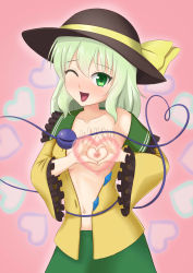 Rule 34 | 1girl, ;d, absurdres, black hat, blue eyes, breasts, collarbone, cowboy shot, green eyes, green hair, green skirt, hat, hat ribbon, heart, heart-shaped boob challenge, heart background, heart of string, highres, komeiji koishi, looking at viewer, navel, nipples, off shoulder, one eye closed, open clothes, open mouth, open shirt, ribbon, shandougen shimifu, shirt, skirt, small breasts, smile, solo, third eye, touhou, yellow ribbon, you&#039;re doing it wrong