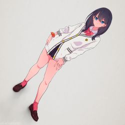 Rule 34 | 10s, 1girl, akagi (fmttps), bad id, bad pixiv id, black hair, black skirt, blue eyes, bow, brown footwear, cardigan, collared shirt, contrapposto, dutch angle, expressionless, full body, grey background, gridman universe, hand on own hip, hand on own thigh, loafers, long hair, long sleeves, looking at viewer, miniskirt, orange scrunchie, pleated skirt, red bow, red legwear, school uniform, scrunchie, shirt, shoes, skirt, solo, ssss.gridman, standing, takarada rikka, white cardigan, white shirt, wrist scrunchie
