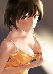 Rule 34 | 1girl, alternate costume, bare shoulders, blouse, blush, breasts, brown eyes, brown hair, cleavage, commentary, covered erect nipples, downblouse, flashing, gradient background, hair between eyes, highres, hiryuu (kancolle), kantai collection, large breasts, looking at viewer, no bra, shirt, short hair, smile, solo, wa (genryusui)