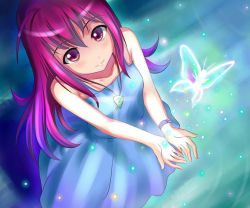 Rule 34 | 1girl, atomix, bare shoulders, blush, bracelet, bug, butterfly, collarbone, dress, insect, jewelry, light smile, long hair, looking at viewer, necklace, outstretched arms, pendant, purple hair, sleeveless, sleeveless dress, smile, solo