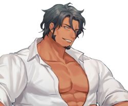 Rule 34 | 1boy, bara, character request, collared shirt, copyright request, facial hair, goatee, large pectorals, long sideburns, looking at viewer, male focus, mature male, muscular, muscular male, partially unbuttoned, pectorals, sdz (inazuma), seductive smile, shirt, short hair, sideburns, sleeves rolled up, smile, solo, thick eyebrows, unfinished, white background