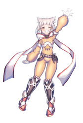Rule 34 | 1girl, animal ears, arm up, blunt bangs, bodysuit, breasts, cat ears, dagger, facial mark, full body, gloves, grin, hakusai (hksicabb), highres, knife, nia (xenoblade), one eye closed, red footwear, short hair, silver hair, small breasts, smile, solo, waving, weapon, white gloves, xenoblade chronicles (series), xenoblade chronicles 2, yellow bodysuit, yellow eyes