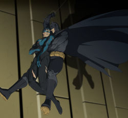 Rule 34 | 2boys, batman, batman (series), belt, blood, bodysuit, boots, bruce wayne, building, cape, carrying, city, dc comics, dick grayson, domino mask, family, father and son, gauntlets, gb (doubleleaf), gloves, injury, male focus, mask, multiple boys, muscular, nightwing