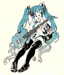 Rule 34 | 1girl, :o, blue eyes, blue hair, blue nails, breasts, commentary, dated, electric guitar, english commentary, fender telecaster, guitar, hatsune miku, headset, high heels, highres, holding, holding instrument, instrument, large breasts, long hair, looking to the side, monochrome, nail polish, open mouth, poch4n, sitting, solo, spot color, thighhighs, twintails, very long hair, vocaloid