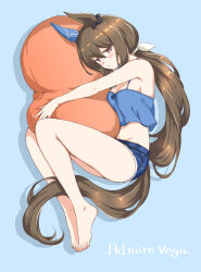Rule 34 | 1girl, admire vega (umamusume), animal ears, blue shirt, blue shorts, blush, body pillow, breasts, brown hair, brown tail, character name, closed mouth, denim, denim shorts, ear covers, feet, hamao, highres, horse ears, horse tail, large breasts, long hair, looking at viewer, lying, on side, pillow, ponytail, purple eyes, shirt, shorts, solo, tail, umamusume