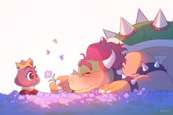 Rule 34 | 1boy, 1girl, armlet, artist name, blush, bowser, bracelet, bug, butterfly, closed eyes, collar, commentary, crown, field, flower, flower field, from side, goomba, holding, holding flower, horns, insect, jewelry, lying, mario (series), mong (mong milo), nintendo, on stomach, princess peach, purple flower, red hair, short hair, simple background, spiked armlet, spiked bracelet, spiked collar, spiked shell, spikes, super mario bros. wonder, symbol-only commentary, white background