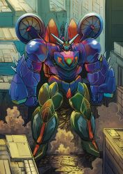 Rule 34 | ahead (mobile suit), clenched hands, getter go, getter robo, getter robo go, highres, mecha, no humans, robot, science fiction, smoke, solo, spikes, super robot, yamanushi, yellow eyes