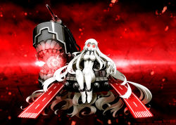 Rule 34 | 10s, 1girl, abyssal ship, airfield princess, ankle boots, boots, colored skin, crop top, horns, kantai collection, long hair, open mouth, oso (toolate), personification, red eyes, sitting, solo, white footwear, white hair, white skin