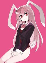 Rule 34 | 1girl, 76gpo, animal ears, black jacket, bow, bowtie, collared shirt, highres, jacket, long hair, long sleeves, looking at viewer, open mouth, own hands together, pink background, pink bow, pink bowtie, pink eyes, pink hair, rabbit ears, rabbit girl, reisen udongein inaba, shirt, simple background, solo, touhou, white shirt