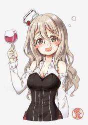 Rule 34 | 1girl, alcohol, artist logo, breasts, brown eyes, cleavage, commentary request, corset, cup, drinking glass, drunk, grey hair, hat, kantai collection, looking at viewer, medium breasts, mini hat, open mouth, pola (kancolle), shirt, simple background, smile, solo, tetsuryuu, tilted headwear, upper body, wavy hair, white background, white shirt, wine, wine glass