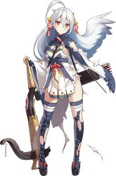 Rule 34 | 1girl, ahoge, arrow (projectile), bare shoulders, black thighhighs, bow (weapon), crossbow, frown, full body, holding, holding arrow, holding bow (weapon), holding crossbow, holding weapon, kekemotsu, long hair, oshiro project:re, oshiro project:re, quiver, red eyes, sandals, skirt, solo, tears, thighhighs, torn clothes, torn skirt, transparent background, weapon, white hair, yanagawa (oshiro project)