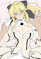Rule 34 | 1girl, ahoge, artoria pendragon (all), artoria pendragon (fate), bare shoulders, blonde hair, blush, breasts, cleavage, colored eyelashes, cowboy shot, dark-skinned male, dark skin, detached collar, embarrassed, fate (series), flat color, from above, green eyes, hair between eyes, hair ribbon, halcon, head tilt, highres, holding another&#039;s wrist, indoors, large breasts, long hair, looking at viewer, lying, on back, on bed, parted bangs, ponytail, ribbon, saber lily, solo focus