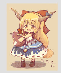 Rule 34 | 1girl, blue skirt, bow, brown background, brown eyes, brown footwear, commentary request, full body, hair bow, holding gourd, horn ornament, horns, ibuki suika, kouba, layered skirt, long hair, low-tied long hair, oni horns, open mouth, orange hair, red bow, ribbon-trimmed skirt, ribbon trim, shirt, simple background, skirt, sleeveless, sleeveless shirt, socks, solo, standing, touhou, white shirt, white socks, wrist cuffs