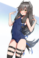 Rule 34 | 1girl, animal ears, belt, black belt, black hair, blue one-piece swimsuit, breasts, covered navel, green eyes, hair between eyes, highres, horse ears, horse girl, horse tail, i-47 (kancolle), kantai collection, long hair, looking at viewer, one-piece swimsuit, open mouth, school swimsuit, skindentation, small breasts, solo, swimsuit, tail, takanashi kei (hitsujikan), thigh strap, thighs