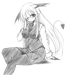 Rule 34 | 1girl, ;), bat wings, bespectacled, blush, breasts, buttons, demon tail, dress shirt, glasses, greyscale, hand on own chest, head tilt, head wings, koakuma, long hair, long sleeves, looking at viewer, medium breasts, mizuno kurage, monochrome, necktie, one eye closed, pantyhose, pointy ears, shirt, side slit, simple background, sitting, sketch, skirt, skirt set, smile, solo, tail, touhou, very long hair, vest, white background, wings