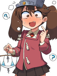 Rule 34 | 1girl, :d, ?, bikini, blue bikini, blush, brown eyes, brown hair, brown skirt, clothes hanger, commentary request, fang, fingernails, hair between eyes, highres, holding, jacket, jewelry, kantai collection, korean commentary, lakilolom, long hair, long sleeves, looking at viewer, magatama, magatama necklace, micro bikini, necklace, open mouth, pleated skirt, pointing, pointing at self, red jacket, ryuujou (kancolle), skirt, smile, solo, spoken question mark, sweat, swimsuit, trembling, twintails, v-shaped eyebrows, visor cap