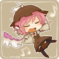Rule 34 | 1girl, bad id, bad pixiv id, black thighhighs, blush, brooch, chibi, dress, closed eyes, feathers, female focus, frilled dress, frills, hand on another&#039;s chest, hand on own chest, hat, jewelry, katsudansou, music, musical note, mystia lorelei, open mouth, outstretched arm, outstretched hand, pink hair, ribbon, short hair, singing, solo, thighhighs, touhou, wings