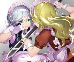 Rule 34 | 2girls, :p, apron, blonde hair, blue dress, blue eyes, bow, braid, commentary request, dress, face-to-face, from behind, gradient background, green bow, green neckwear, grey background, hair between eyes, hair bow, holding, holding knife, holding sword, holding weapon, izayoi sakuya, knife, long hair, looking at another, maid, maid apron, maid headdress, multiple girls, nail polish, piyodesu, puffy short sleeves, puffy sleeves, red dress, red nails, reverse grip, shirt, short hair, short sleeves, silver hair, smile, sword, tongue, tongue out, touhou, touhou (pc-98), twin braids, upper body, very long hair, waist apron, weapon, white apron, white background, white shirt, wrist cuffs, yumeko (touhou)
