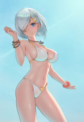 Rule 34 | 1girl, absurdres, bikini, blue eyes, blue sky, bracelet, breasts, cleavage, cloud, covered erect nipples, day, eno ti deng, feet out of frame, hair ornament, hair over one eye, hairclip, hamakaze (kancolle), highres, jewelry, kantai collection, looking at viewer, medium breasts, navel, necklace, outdoors, ring, ring necklace, scrunchie, short hair, silver hair, sky, solo, standing, swimsuit, white bikini, wrist scrunchie