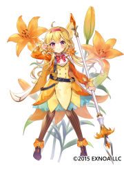 Rule 34 | 1girl, 2015, ahoge, blonde hair, blush, brown pantyhose, commentary request, dress, flower, flower knight girl, full body, hair ornament, hairband, highres, holding, holding polearm, holding weapon, lily (flower), long hair, long sleeves, orange dress, pantyhose, piyoyanagi, polearm, red eyes, simple background, smile, solo, spear, standing, striped clothes, striped pantyhose, sukashiyuri (flower knight girl), tachi-e, w, weapon, white background