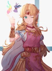 Rule 34 | 1girl, blonde hair, blue eyes, bracer, circlet, commentary, dress, english commentary, hair ornament, hand on own hip, highres, index finger raised, jewelry, long hair, looking at viewer, na (oagenosuke), necklace, nintendo, one eye closed, parted bangs, pearl necklace, pink dress, pointy ears, princess zelda, ravio, short sleeves, smile, solo, standing, super smash bros., the legend of zelda, the legend of zelda: a link between worlds, very long hair