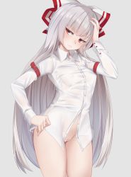 Rule 34 | 1girl, absurdres, arm strap, blush, bottomless, bow, breasts, cleft of venus, cowboy shot, fujiwara no mokou, grey background, hair bow, hand on own hip, hand on own head, hand up, head tilt, highres, long hair, long sleeves, looking at viewer, medium breasts, momendoufu, naked shirt, panties, pussy, red eyes, shirt, silver hair, simple background, solo, standing, thighs, third-party edit, touhou, underwear, very long hair, white bow, white shirt