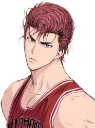 Rule 34 | 1boy, basketball jersey, basketball uniform, bishounen, black eyes, buzz cut, closed eyes, glaring, highres, llll 100, looking at another, male focus, pectoral cleavage, pectorals, pompadour, red-eye effect, red hair, red tank top, sakuragi hanamichi, short hair, simple background, slam dunk (series), solo, sportswear, tank top, upper body, very short hair, white background