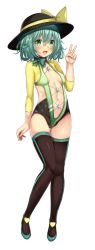 Rule 34 | 1girl, :d, black footwear, black hat, blush, boots, bow, breasts, collarbone, commentary request, ebi 193, full body, green bow, green eyes, green hair, green one-piece swimsuit, hair between eyes, hand up, hat, hat bow, komeiji koishi, long sleeves, looking at viewer, navel, one-piece swimsuit, open mouth, short hair, simple background, small breasts, smile, solo, standing, stomach, swimsuit, thigh boots, thighhighs, thighs, touhou, v, white background, yellow bow