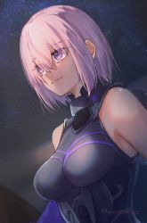 Rule 34 | 1girl, armor, armored dress, bare shoulders, black dress, breasts, commentary request, dress, elbow gloves, eyes visible through hair, fate/grand order, fate (series), gloves, hair between eyes, highres, looking ahead, mash kyrielight, medium hair, minestrongzzz, night, outdoors, pink hair, purple eyes, sky, smile, solo, star (sky), starry sky, straight hair, twitter username, upper body