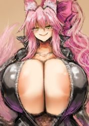 Rule 34 | 1girl, 2b-ge, areola slip, bodysuit, breasts, bursting breasts, fang, fate/grand order, fate (series), fox girl, gigantic breasts, glasses, highres, koyanskaya (fate), open mouth, pink hair, smile, solo
