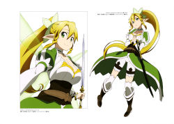 Rule 34 | 10s, 1girl, absurdres, adachi shingo, blonde hair, breasts, cleavage, green eyes, hair ornament, highres, holding, holding sword, holding weapon, large breasts, leafa, long hair, looking at viewer, own hands together, ponytail, simple background, smile, solo, sword, sword art online, very long hair, weapon, white background, wings
