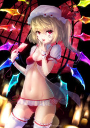 Rule 34 | 1girl, absurdres, bikini, blonde hair, blood, blood on face, blood on hands, breasts, card, cleavage, crystal, flandre scarlet, hat, hat ribbon, highres, kkommy, licking, long hair, looking at viewer, nail, nail polish, navel, open mouth, puffy short sleeves, puffy sleeves, red bikini, red eyes, ribbon, short sleeves, small breasts, solo, swimsuit, tongue, tongue out, touhou, upper body, wings