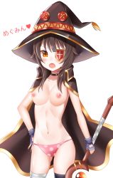 Rule 34 | 10s, 1girl, alternate breast size, bad id, bad pixiv id, bandaged leg, bandages, black hair, black thighhighs, blush, breasts, cape, character name, collar, cowboy shot, eyepatch, fang, fingerless gloves, gloves, hand on own hip, hat, highres, kono subarashii sekai ni shukufuku wo!, looking at viewer, medium breasts, megumin, navel, nipples, open mouth, orange eyes, panties, pink panties, polka dot, polka dot panties, short hair, single thighhigh, solo, staff, thighhighs, tl astral7536, topless, ubi (ekdus6080), underwear, white background, witch hat