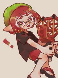 Rule 34 | !, + +, 1girl, absurdres, black shirt, commentary, eyelashes, green headwear, highres, inkling, inkling girl, inkling player character, nintendo, open mouth, red hair, red shorts, sandals, shirt, short hair, shorts, simple background, solo, splatoon (series), splatoon 3, squid beakon (splatoon), symbol-only commentary, teeth, white background, yato3m, zouri