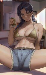 Rule 34 | 1girl, bare shoulders, beer can, belt, bikini, blue shorts, blurry, blurry background, blush, breasts, brown belt, can, chair, cleavage, collarbone, covered erect nipples, cutoffs, day, denim, denim shorts, drink can, drooling, female focus, highres, holding, holding can, indoors, katsuragi misato, large breasts, looking at viewer, navel, neon genesis evangelion, parted bangs, parted lips, patreon logo, patreon username, purple hair, saliva, shadow, shexyo, short shorts, shorts, sitting, skindentation, solo, spread legs, stomach, string bikini, sunlight, swimsuit, thick thighs, thighs, underboob, watermark, web address, yellow bikini