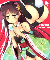 Rule 34 | 1girl, animal ears, ass, bare shoulders, black leotard, black thighhighs, blush, breasts, brown hair, cleavage, closed mouth, cowboy shot, detached collar, easter egg, egg, fake animal ears, flower knight girl, green kimono, hair between eyes, heart, highres, japanese clothes, kimono, leotard, long hair, long sleeves, looking at viewer, medium breasts, obi, off shoulder, ominaeshi (flower knight girl), orange eyes, outline, playboy bunny, rabbit ears, rabbit girl, red background, sash, smile, solo, standing, thigh gap, thighhighs, whether, white outline, wide sleeves, wing collar
