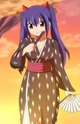 Rule 34 | 1girl, autumn, breasts, brown eyes, cleavage, commission, commissioner upload, dmayaichi, fairy tail, japanese clothes, kimono, long hair, medium breasts, aged up, purple hair, simple background, solo, standing, tree, wendy marvell