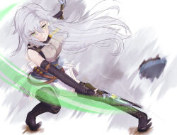 Rule 34 | 1girl, absurdres, belt, boots, dual wielding, eiyuu densetsu, elbow gloves, fie claussell, fingerless gloves, gloves, green eyes, gunblade, hat, highres, holding, holding weapon, kuro no kiseki, long hair, looking at viewer, open mouth, sidelocks, sketch, solo, thighhighs, weapon, white hair, witch f