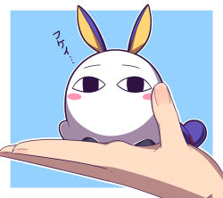 Rule 34 | &lt;o&gt; &lt;o&gt;, animal ears, blanket, blue background, blush stickers, facing viewer, fate/grand order, fate (series), holding, long hair, medjed (fate), mini person, minigirl, nitocris (fate), nitocris (fate/grand order), nitocris (swimsuit assassin) (fate), ogachin, outline, purple hair, rabbit ears, simple background, translated, very long hair, white outline