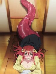 Rule 34 | 10s, 1girl, absurdres, blush, breasts, cleavage, female focus, highres, lamia, large breasts, long hair, looking at viewer, lying, miia (monster musume), monster girl, monster musume no iru nichijou, open mouth, red hair, shedding, solo, stitched, third-party edit, yellow eyes