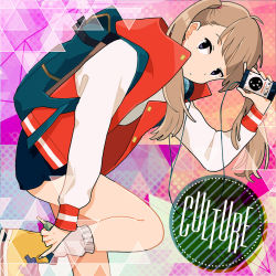 Rule 34 | 1girl, adjusting clothes, adjusting shoe, album cover, backpack, bag, blue background, blunt bangs, brown hair, cable, closed mouth, converse, cover, cross-laced footwear, digital media player, earphones, hair ornament, hair tie, hand up, jacket, key, kurokeisin, leg up, letterman jacket, listening to music, long hair, long sleeves, looking at viewer, miniskirt, original, red jacket, shirt, shoes, skirt, sneakers, socks, solo, standing, standing on one leg, twintails, white socks, yellow footwear