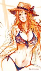 Rule 34 | 1girl, breasts, cleavage, large breasts, long hair, looking at viewer, nami (one piece), navel, one piece, orange eyes, orange hair, solo, swimsuit