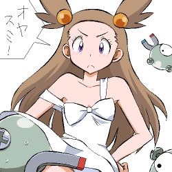 Rule 34 | 1girl, brown hair, creatures (company), frown, game freak, gen 1 pokemon, gomatarou (pixiv196136), hands on own hips, jaggy lines, japanese text, jasmine (pokemon), lowres, magnemite, nintendo, panties, pantyshot, pokemon, pokemon (creature), pokemon gsc, simple background, split mouth, two side up, underwear, white background